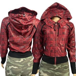 NWOT APPLE BOTTOMS Hoodie Fleece Lined jacket shiny plaid red / black Small
